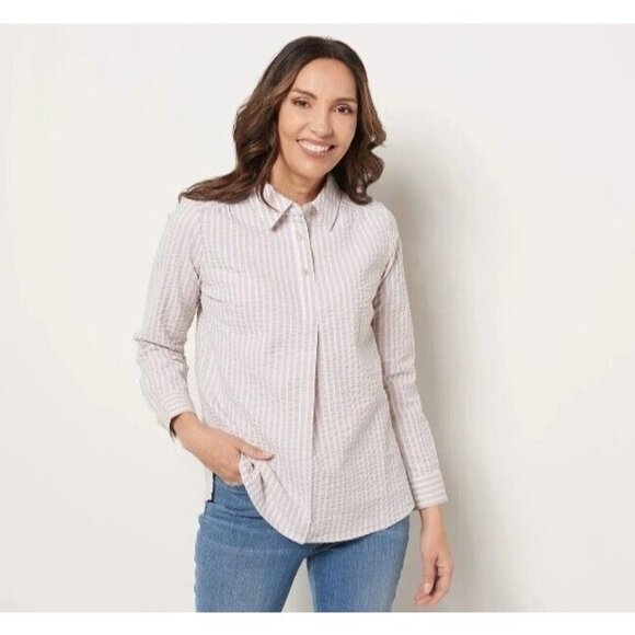 Denim & Co. Stretch Seersucker Long Sleeve Top  New Stone Medium - Picture 1 of 1